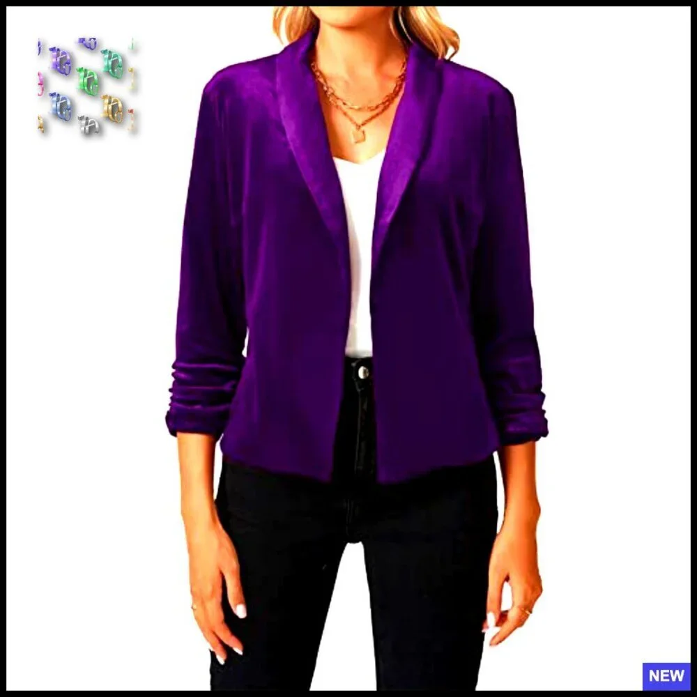 Velvet Blazer 3/4 Ruched Sleeve Shawl Lapel Open Front Chic Business Casual